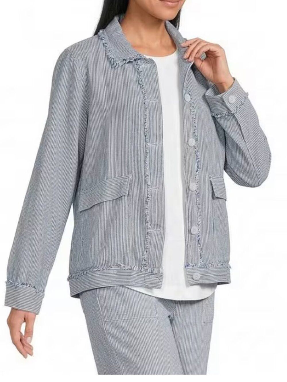 Westbound Women’s XL Navy White Stripe Linen Blend Jacket Fray Buttons  NWT